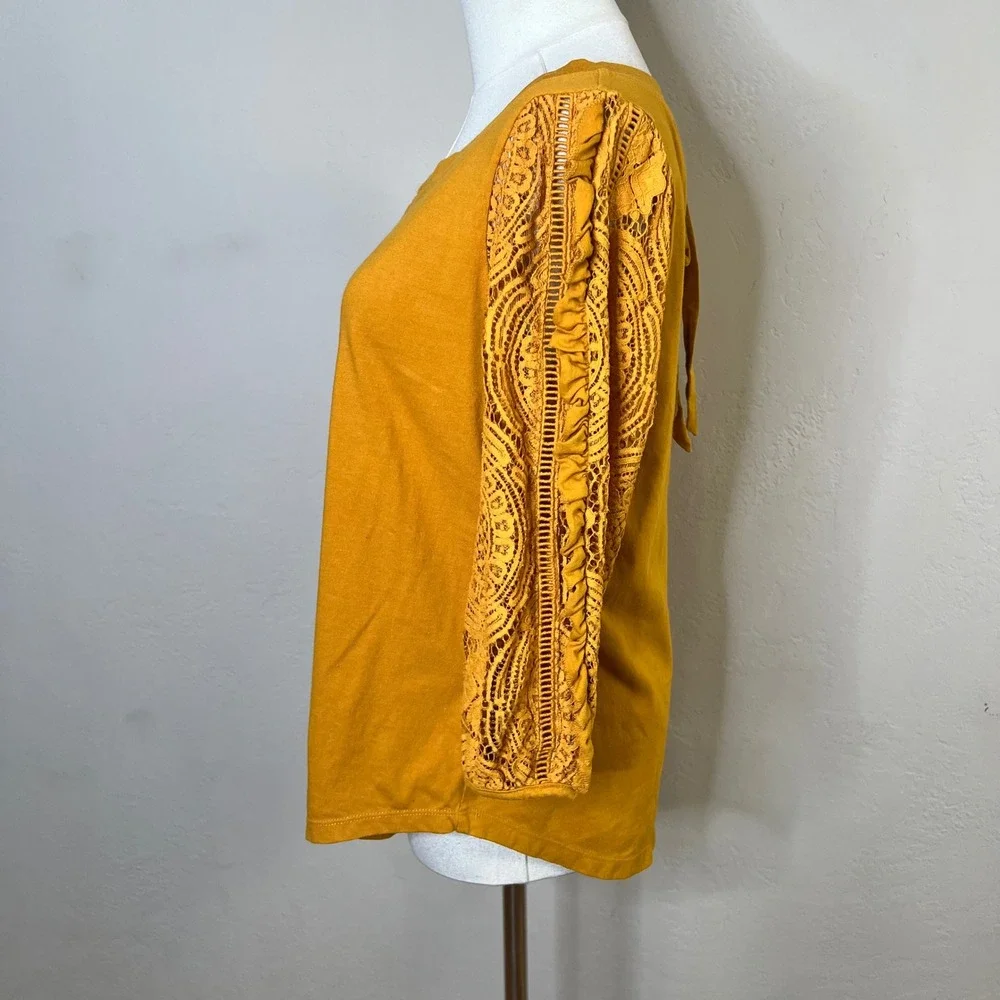 Anthropologie Top Lace Crochet Ruffle Sleeve Size Medium Yellow Tie Back Knit - Picture 3 of 10